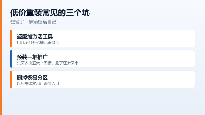 低价重装常见的三个问题,盗版激活、预装推广软件、删除恢复分区