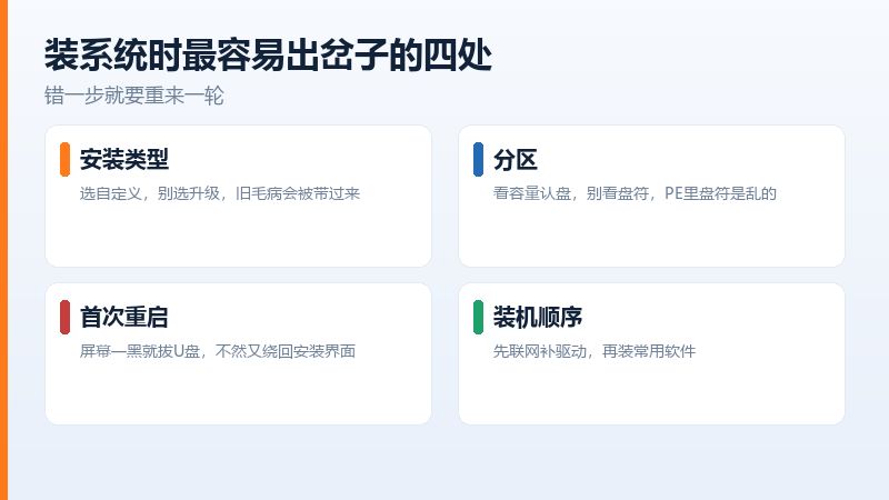 重装系统过程中最容易点错的三个地方,安装类型、分区删除、拔U盘时机